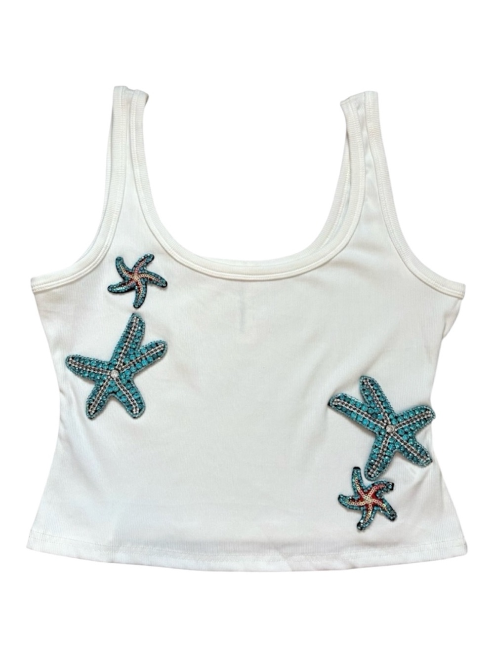 Missguided Starfish Crystal Embellished Ribbed White Crop Tank Top Size Large